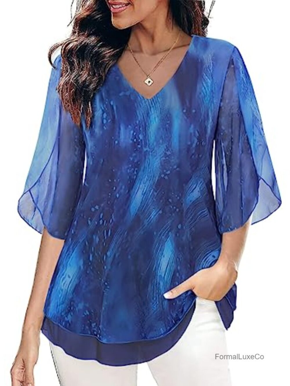 Womens Ruffle 3/4 Sleeve Mesh Blouse Loose Flowy Tunic Top Stretchy Shirt